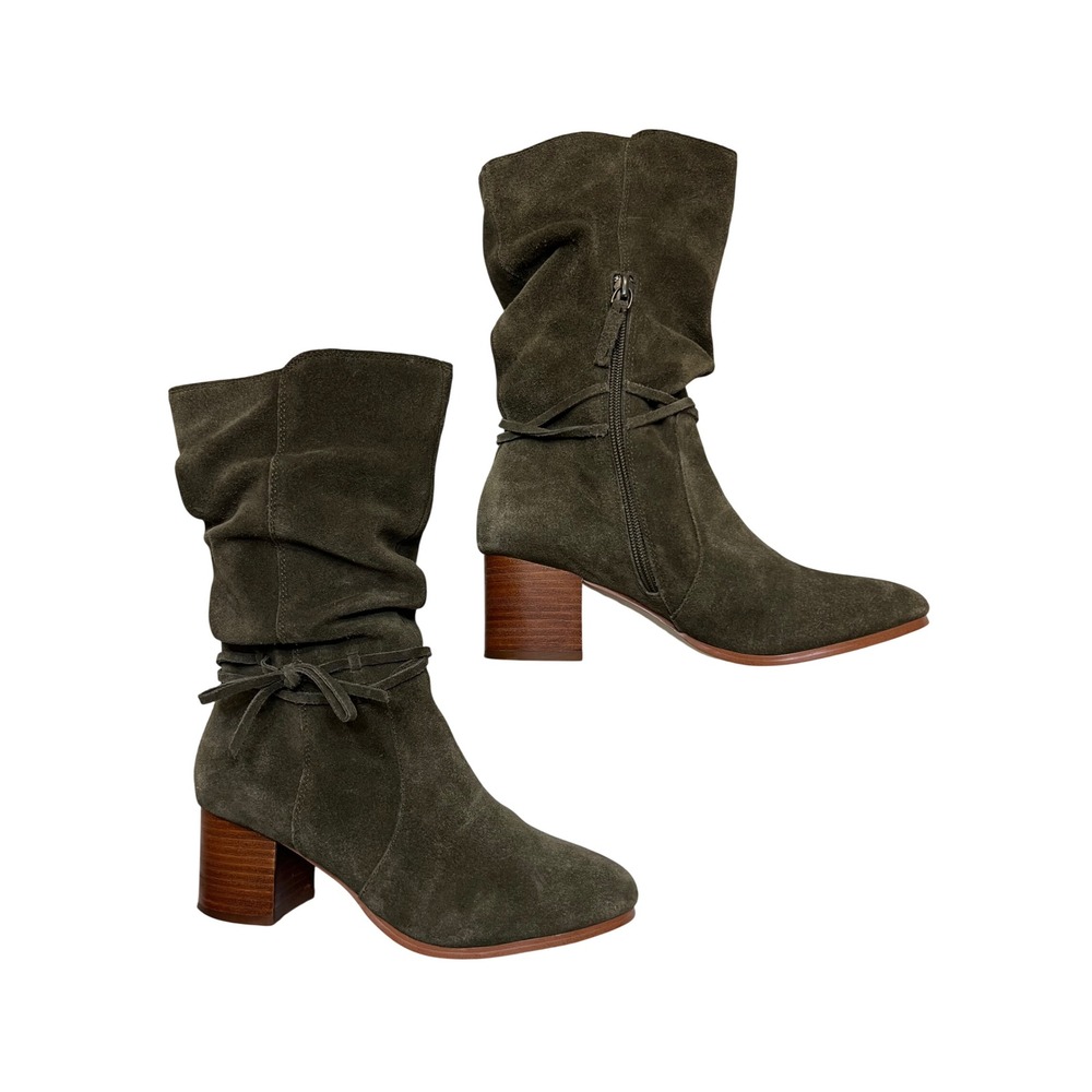 Violet & Red Janine Olive Green Suede Slouchy Block Heel Boots Women's 7.5